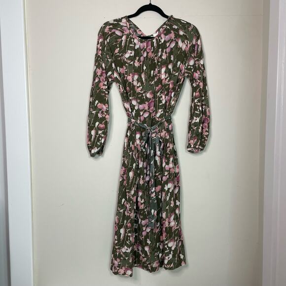 Caslon Long Sleeve Tie Waist Green Pink Abstract Midi Dress Size XXS - Picture 3 of 8